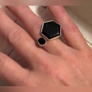 Black Jade & Sterling Silver-Adjustable Ring - Women's Fashion